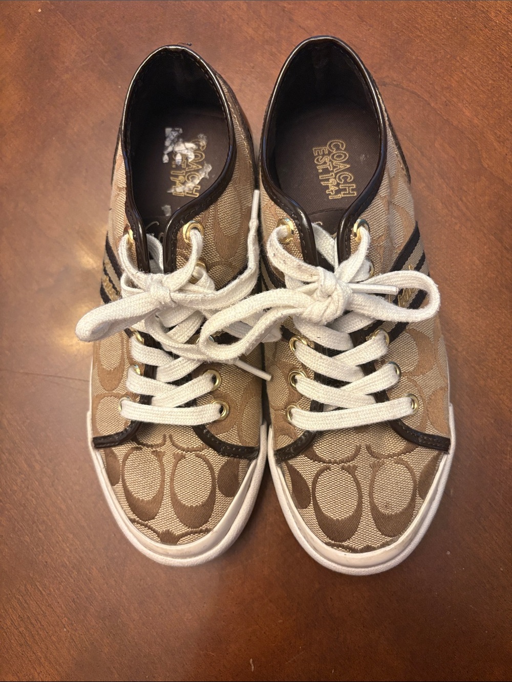 Coach Beige/Brown Signature Canvas Lace-Up Sneakers